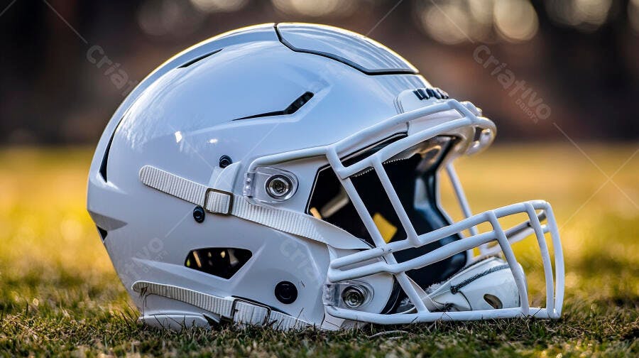 Capacete branco de futebol americano no gramado ao entardecer