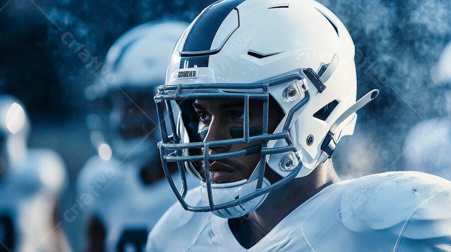 Jogador de futebol americano com capacete branco e azul em campo com olhar focado