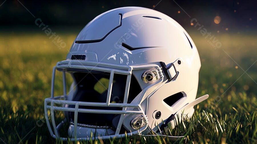 Capacete de futebol americano branco sobre grama verde sob luz dourada