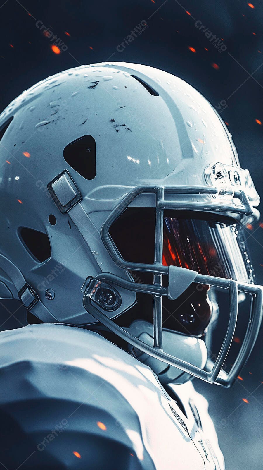 Capacete de futebol americano branco molhado em campo noturno com faíscas