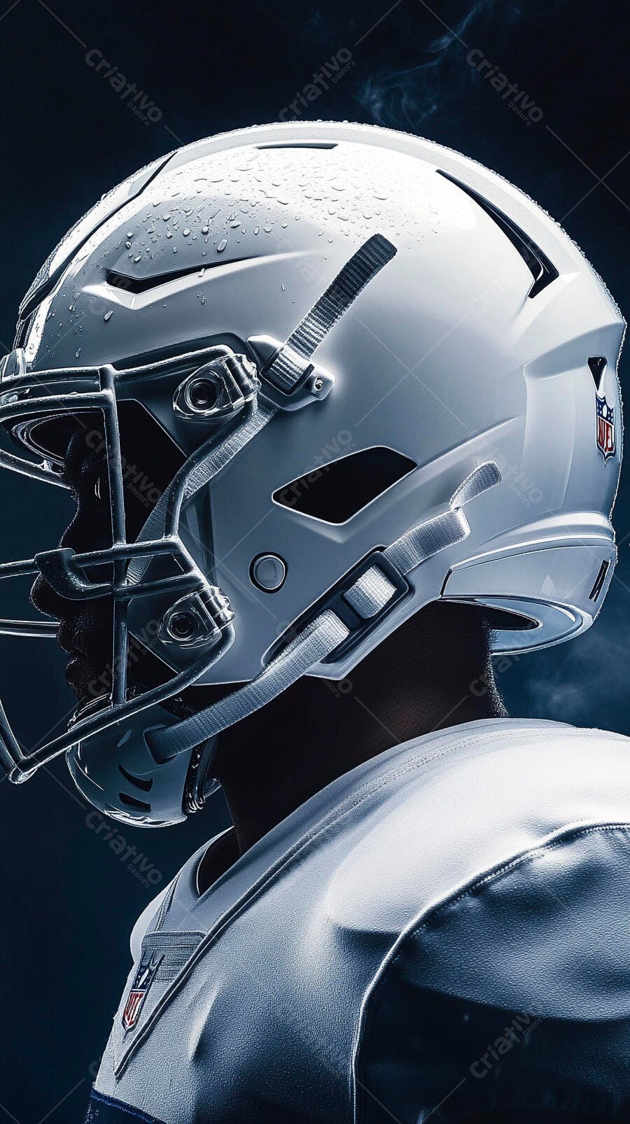 Jogador de futebol americano com capacete branco molhado e logo NFL