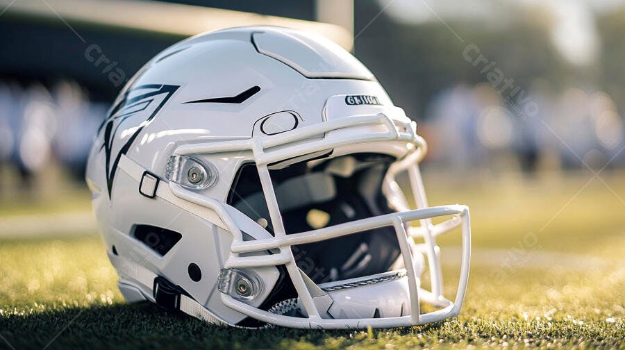 Capacete de futebol americano branco no campo gramado sob sol