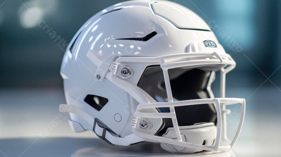 Capacete de futebol americano branco brilhante em estúdio com grade de proteção