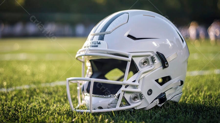 Capacete branco de futebol americano no campo verde com foco