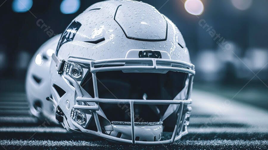 Capacete de futebol americano branco molhado em campo noturno