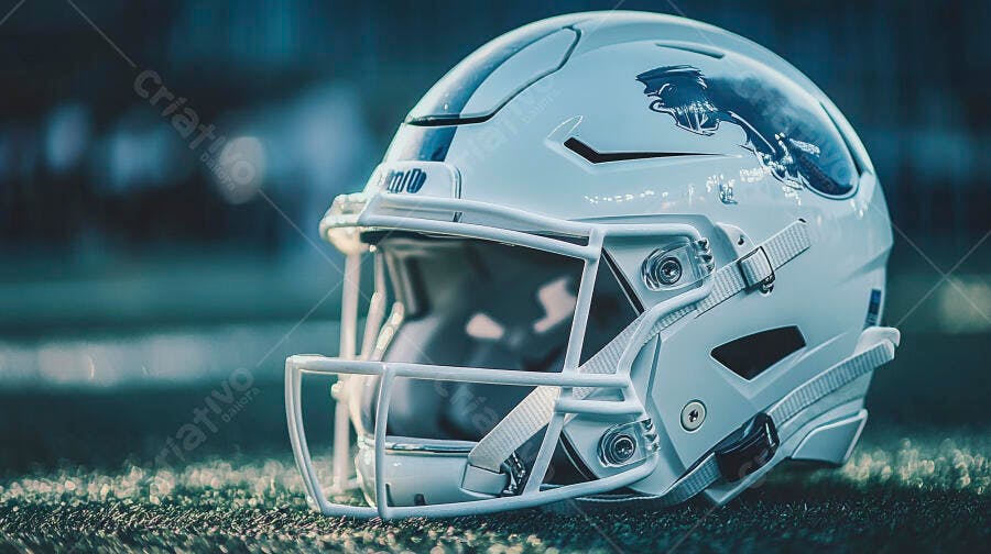 Capacete branco de futebol americano com logo em campo gramado noturno