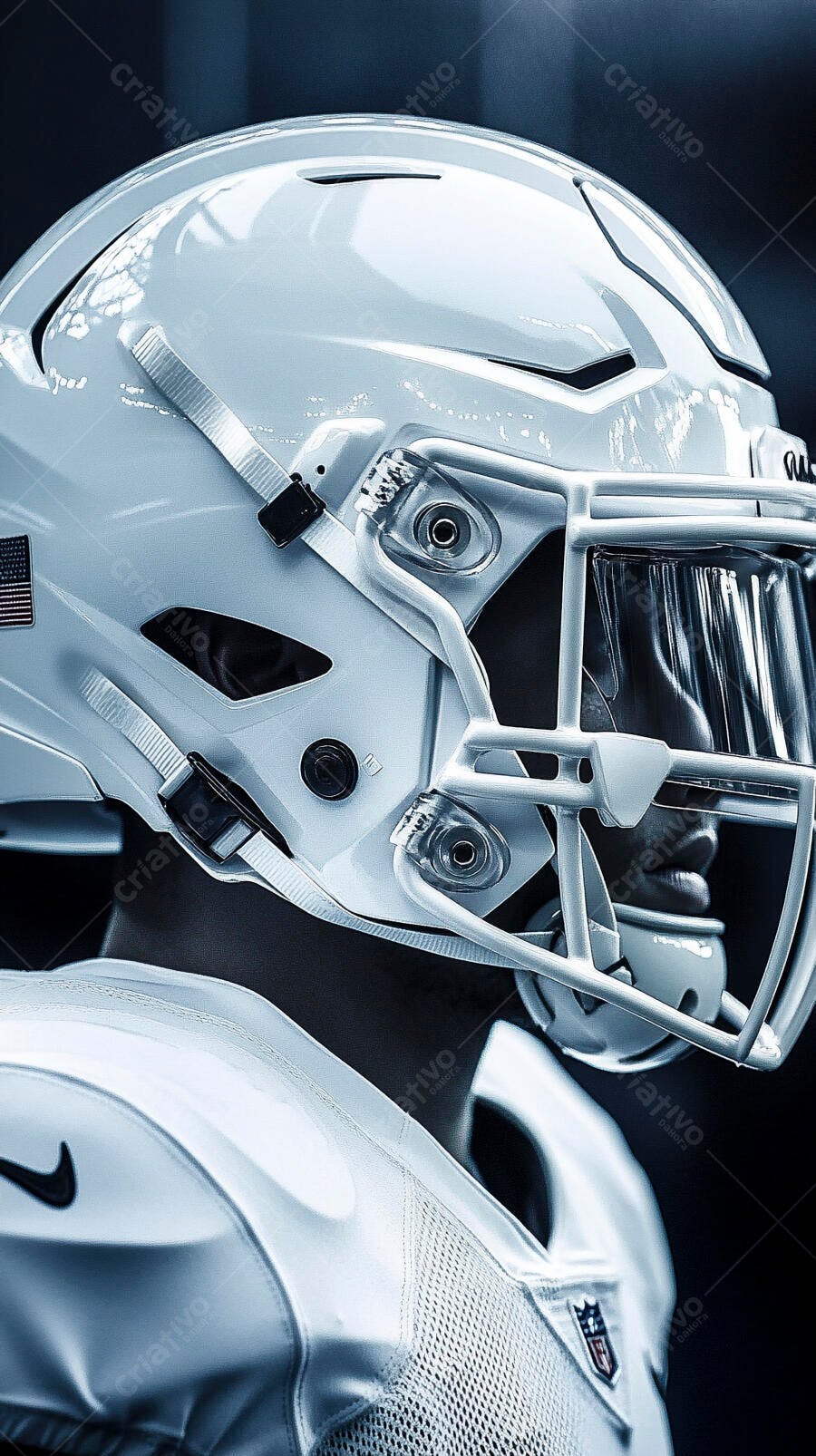 Jogador negro de futebol americano com capacete branco em close-up