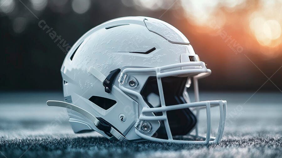 Capacete de futebol americano branco em campo de grama ao entardecer
