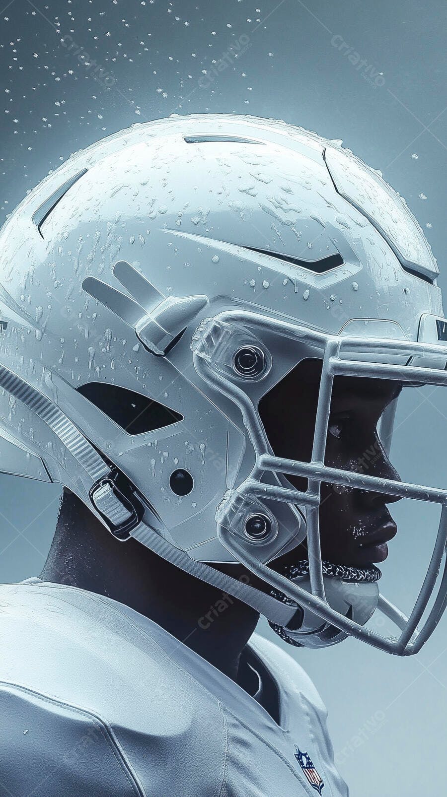 Jogador de futebol americano afro-americano com capacete branco molhado em ação