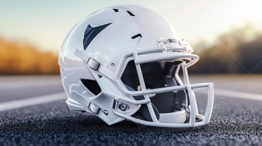 Capacete de futebol americano branco novo em campo esportivo ao pôr do sol