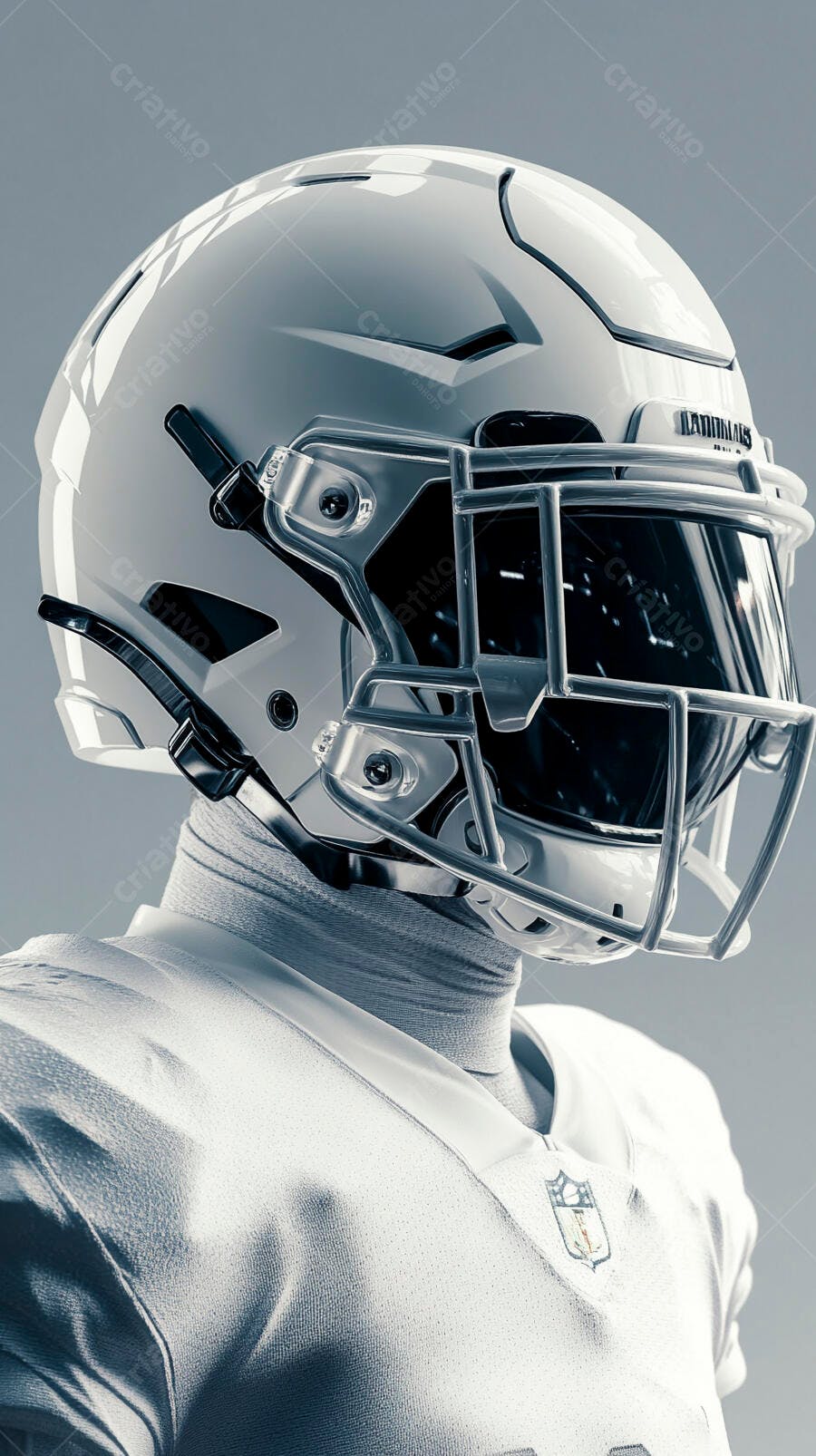 Capacete branco e prata de futebol americano com uniforme NFL e viseira preta
