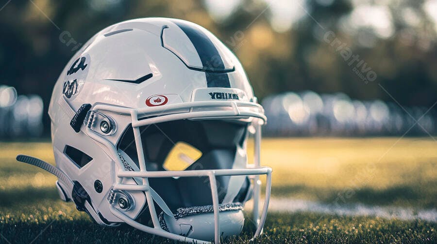 Capacete de futebol americano branco em campo de grama verde