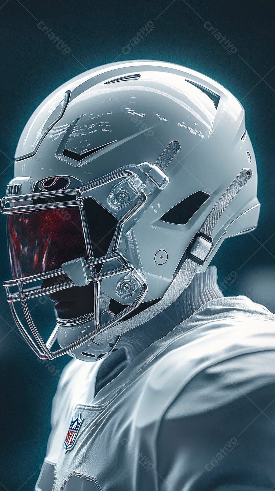 Capacete branco prateado de futebol americano com viseira vermelha em campo escuro