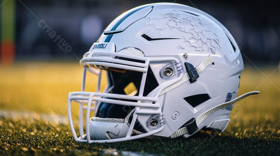Capacete de futebol americano branco texturizado em campo de grama verde ao entardecer