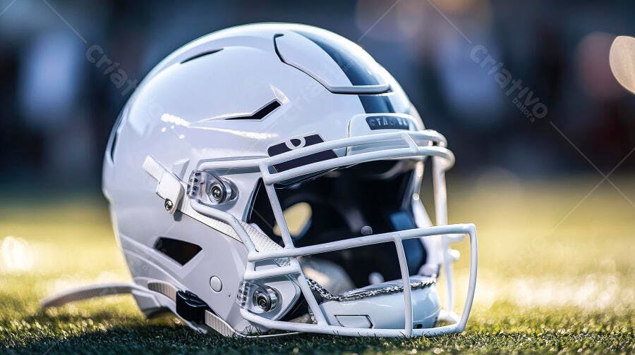 Capacete de futebol americano branco com listras pretas em campo de grama verde