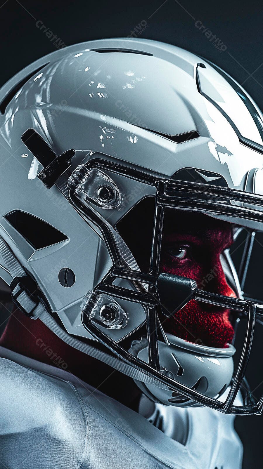 Jogador de futebol americano com capacete branco e rosto vermelho intenso