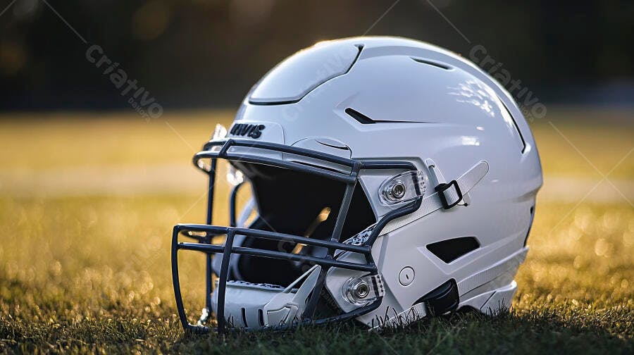 Capacete de futebol americano branco no gramado com luz dourada