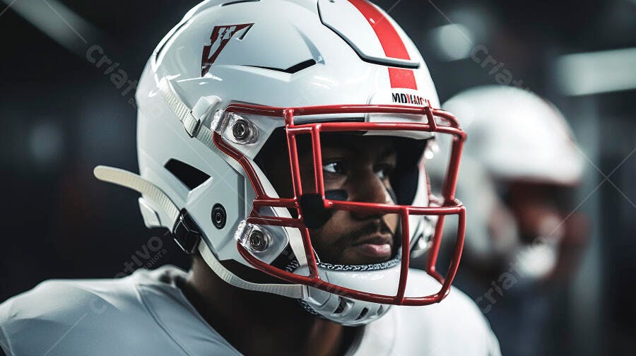 Jogador de futebol americano negro com capacete branco e vermelho em vestiário