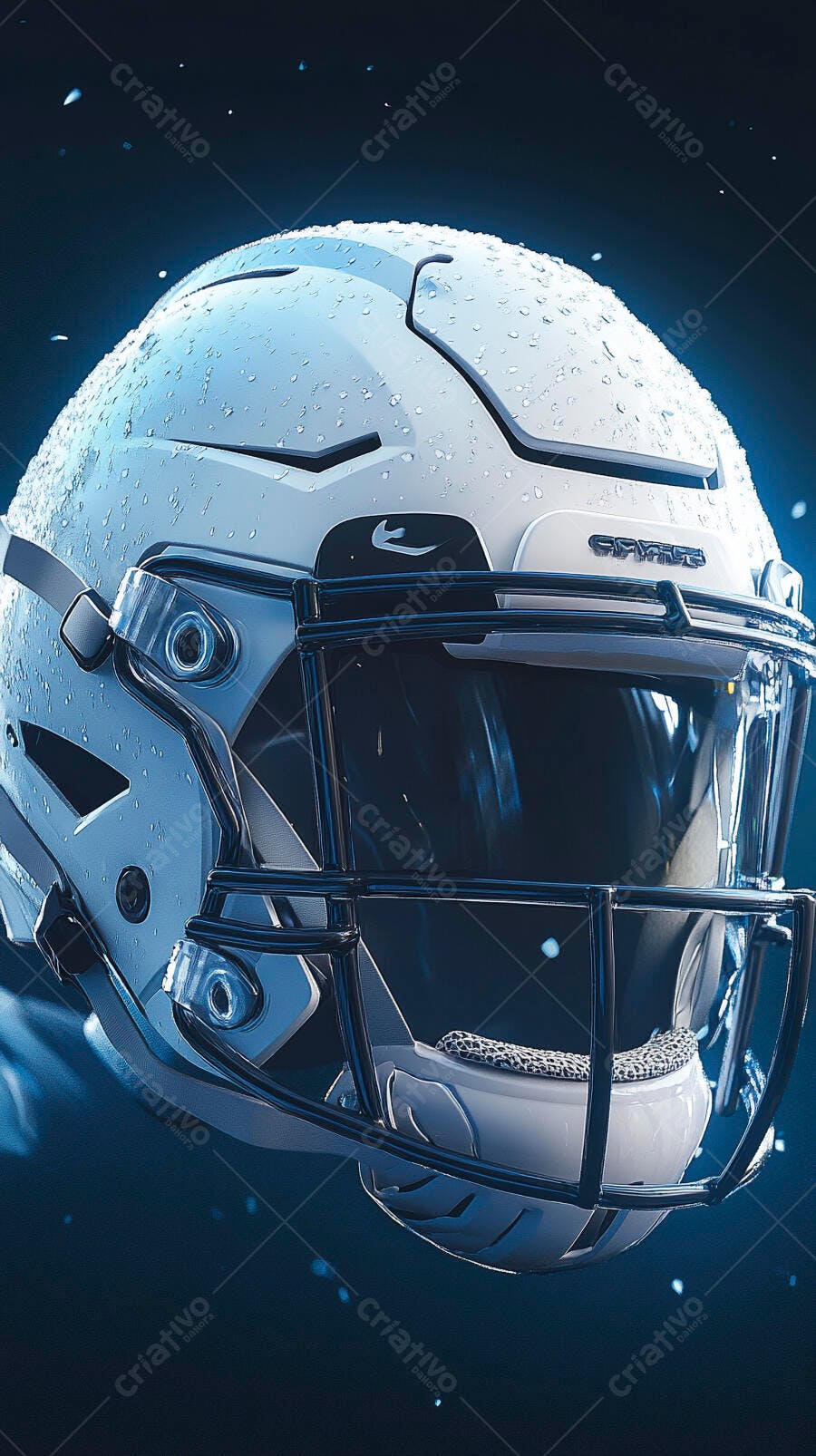 Capacete de futebol americano branco molhado em destaque azul escuro