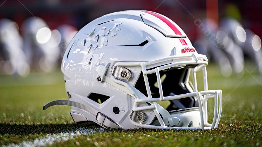Capacete de futebol americano branco com listra vermelha em campo de grama