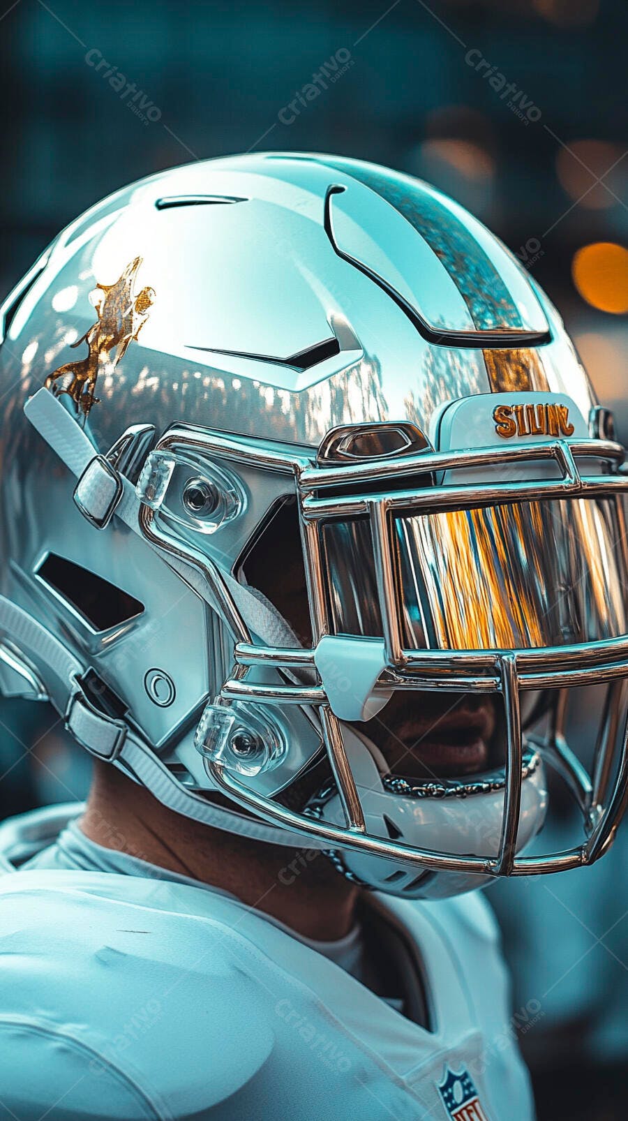 Capacete futebol americano cromado prateado com detalhes dourados e logo NFL