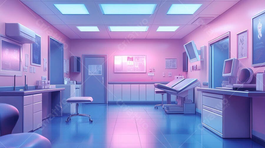 Sala de exames médica vazia com iluminação rosa e azul vibrante