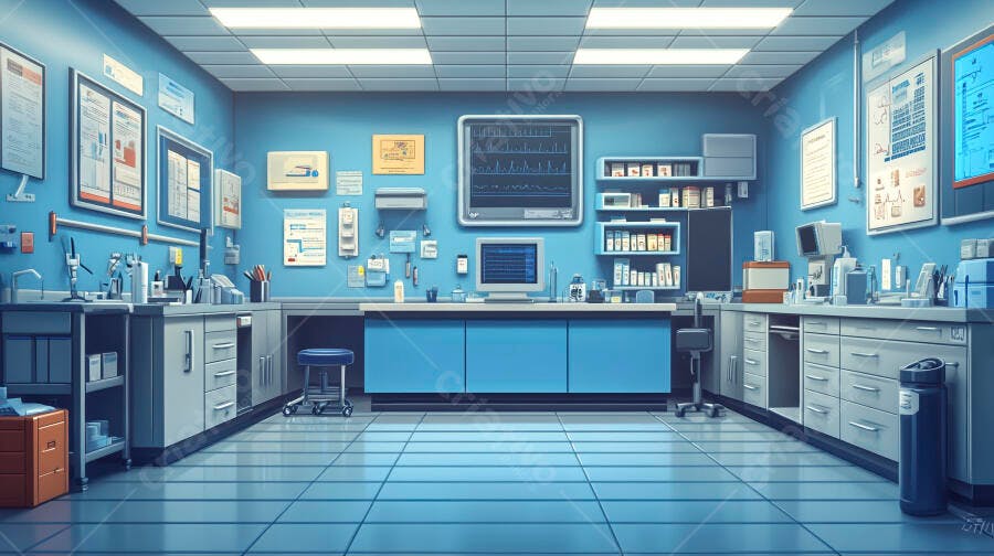 Laboratório de pesquisa moderno azul e cinza com monitores e bancadas organizadas