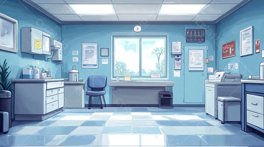 Consultório médico moderno vazio com janelas grandes e tons azul claro