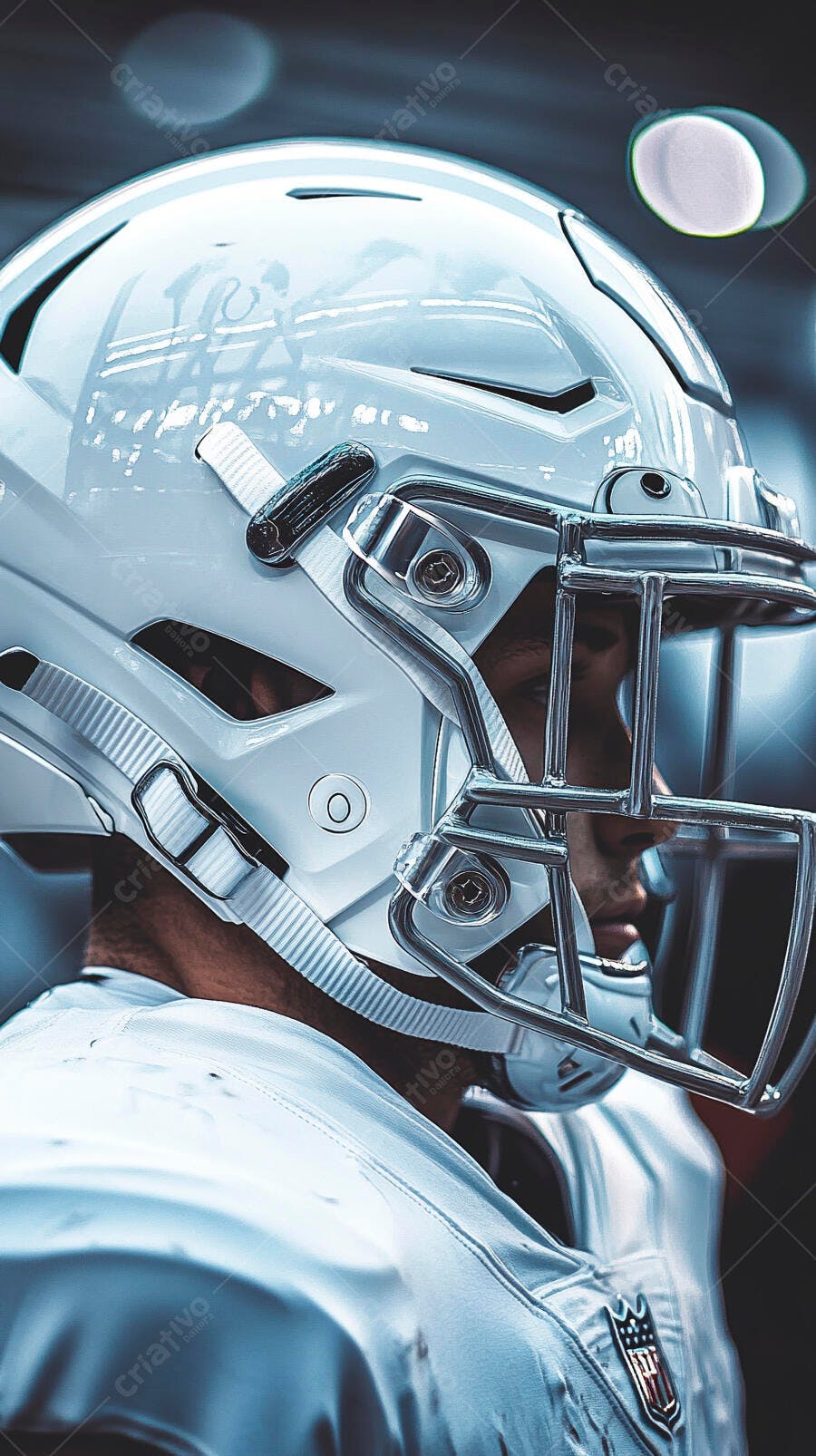 Jogador de futebol americano com capacete branco e uniforme em campo
