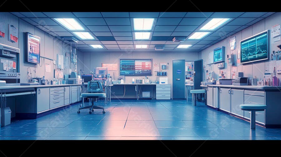 Laboratório de pesquisa vazio com equipamentos de alta tecnologia e luz azul intensa