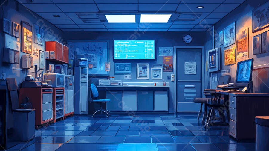Laboratório científico com equipamentos e monitores acesos tons azuis
