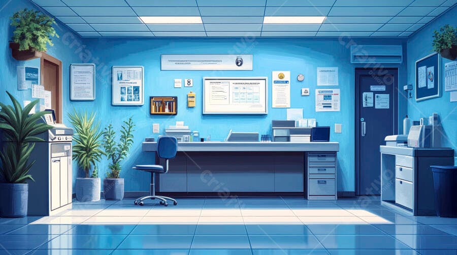 Escritório azul moderno com balcão, monitor, impressora e plantas verdes