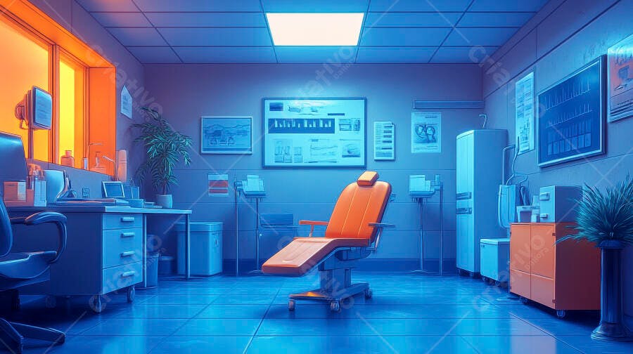 Sala de exame médico com cadeira laranja azul neon ambiente clínico moderno