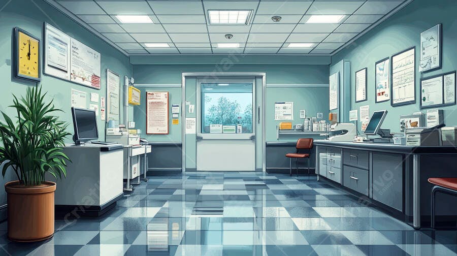 Sala de recepção de clínica hospitalar vazia com balcões e computadores