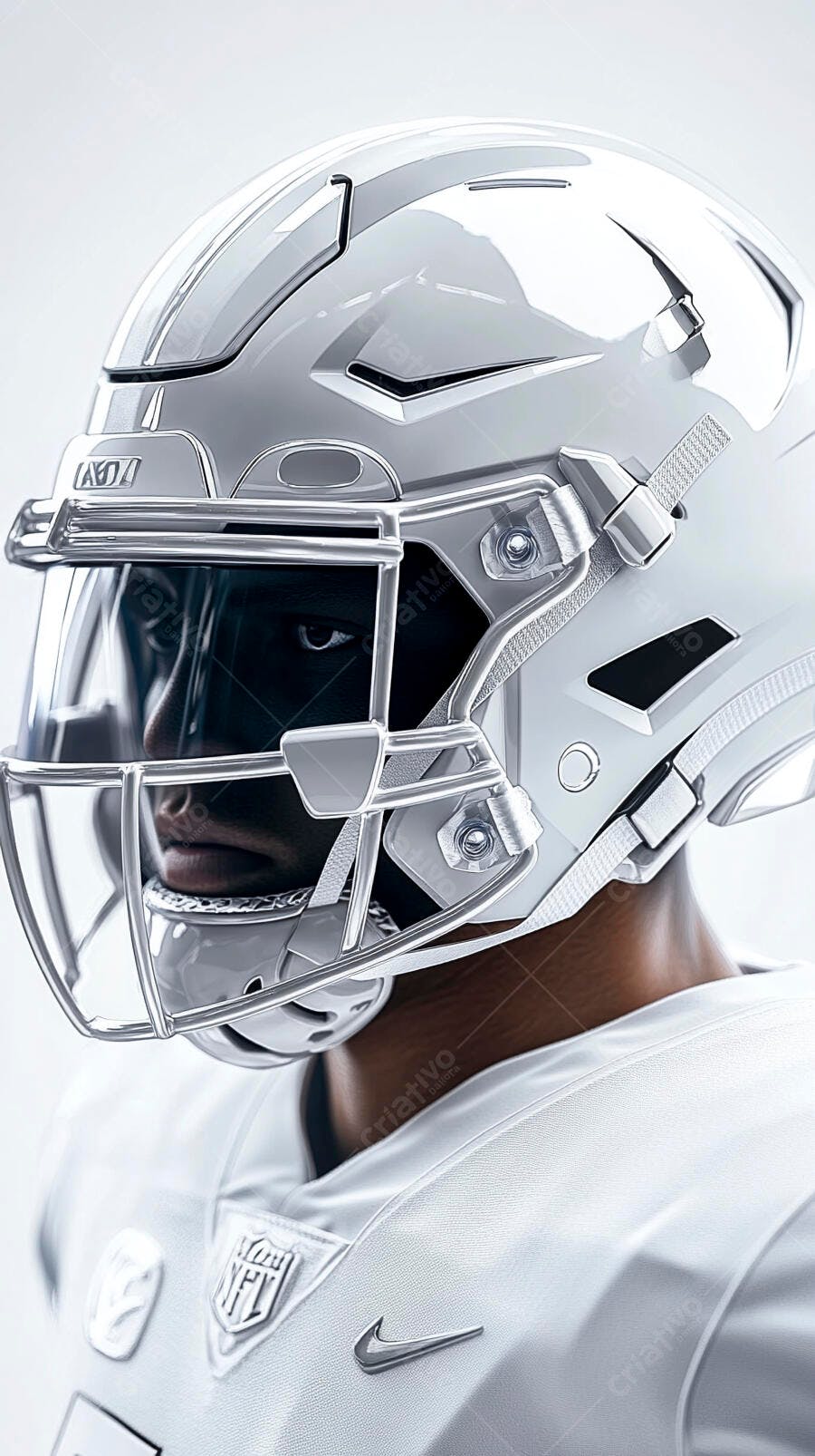 Jogador de futebol americano com capacete branco e uniforme NFL em estúdio