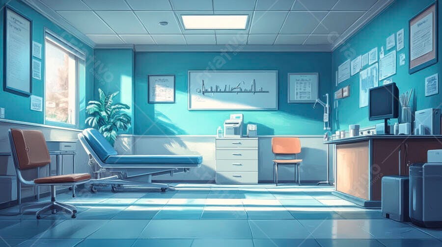 Sala de exames médicos vazia com paredes azuis luminosas