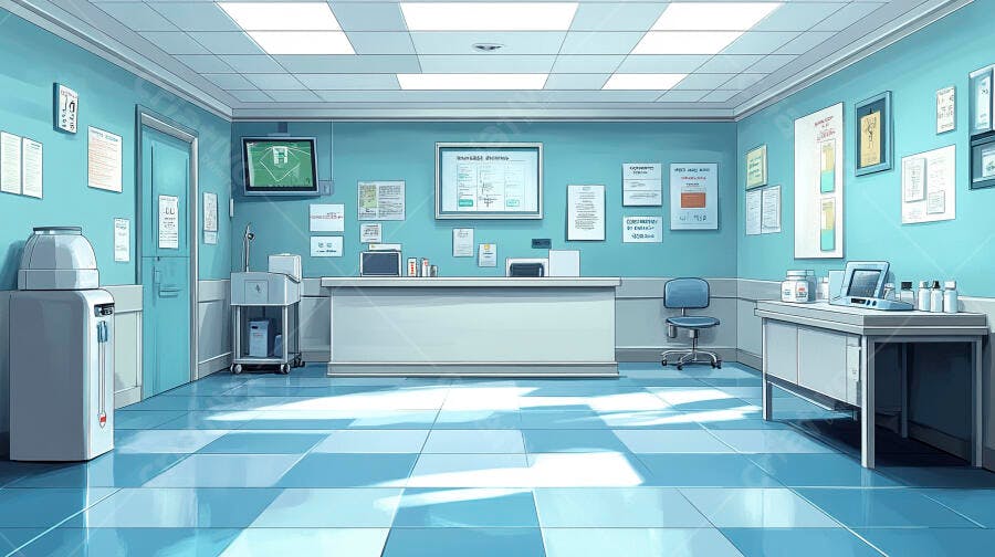 Recepção de clínica médica vazia com paredes azuis e equipamentos