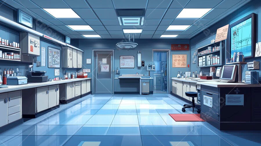 Laboratório médico azul e cinza com equipamentos e bancadas vazias