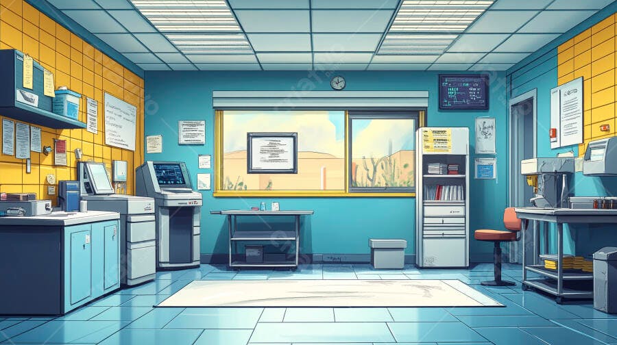 Laboratório clínico vazio com equipamentos modernos azul e amarelo vista desértica