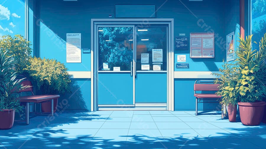 Edifício azul com portas de vidro e plantas na entrada em estilo anime