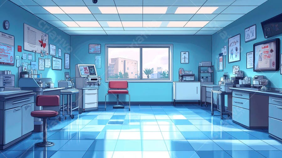 Sala de consultório médico moderna vazia em tons de azul e branco