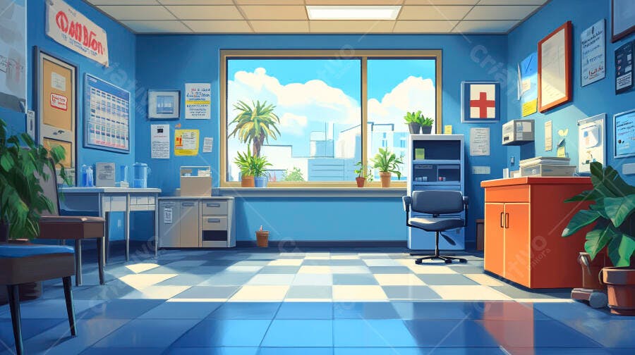 Consultório médico azul claro vazio com janela ensolarada e plantas