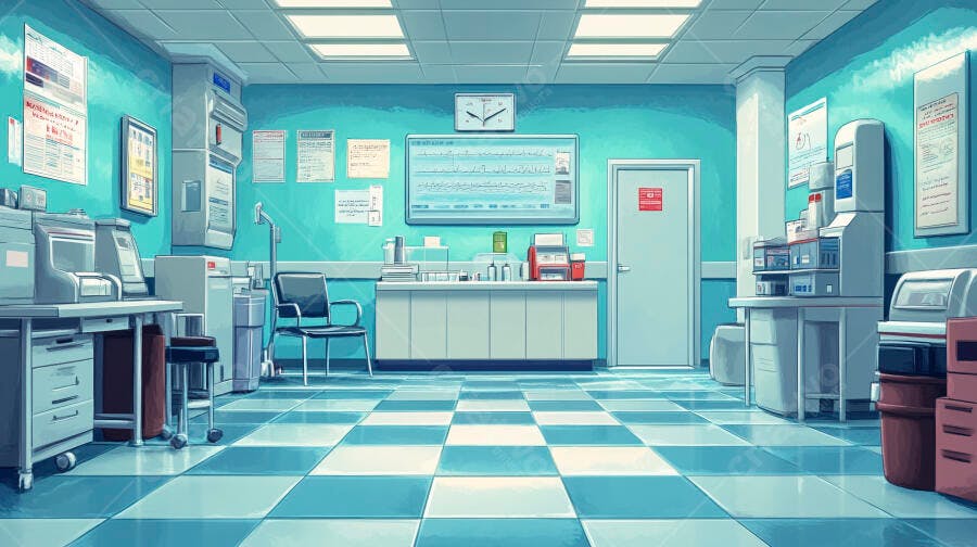 Sala de hospital vazia com monitor e equipamentos tons de azul