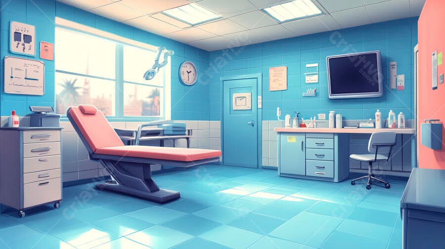 Consultório médico azul e rosa com mesa de exame decorada