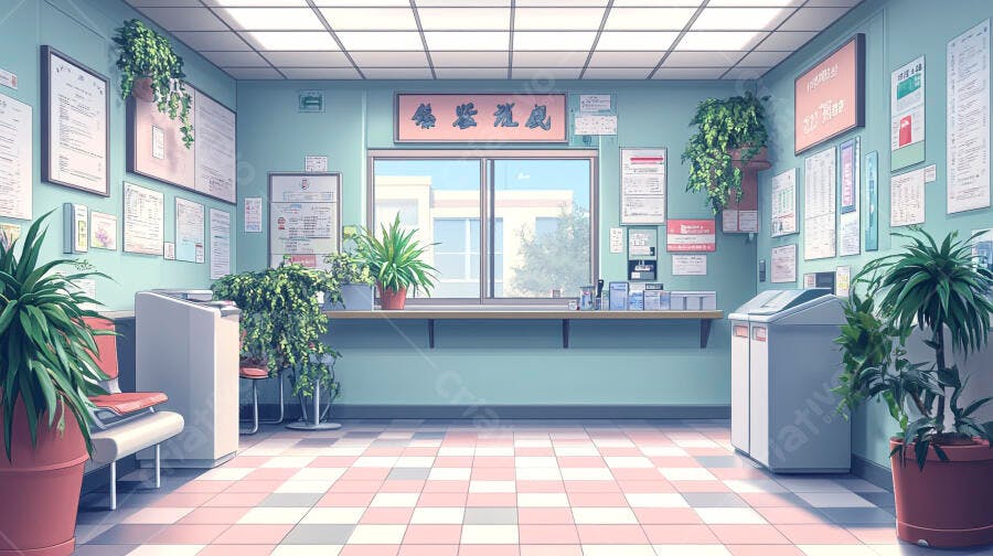 Recepção de clínica vazia com paredes verde pastel e chão rosa xadrez estilo anime