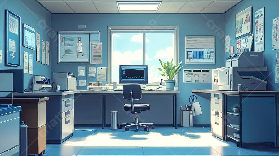 Consultório médico de laboratório azul claro iluminado pelo sol