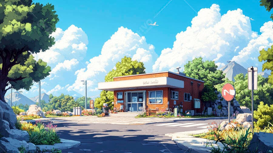 Loja de conveniência em esquina rural com montanhas e céu azul claro