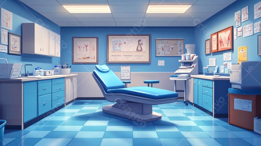 Consultório médico odontológico azul claro e branco moderno vazio
