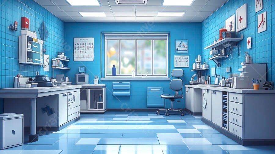 Sala de laboratório médico azul e branco equipamentos modernos