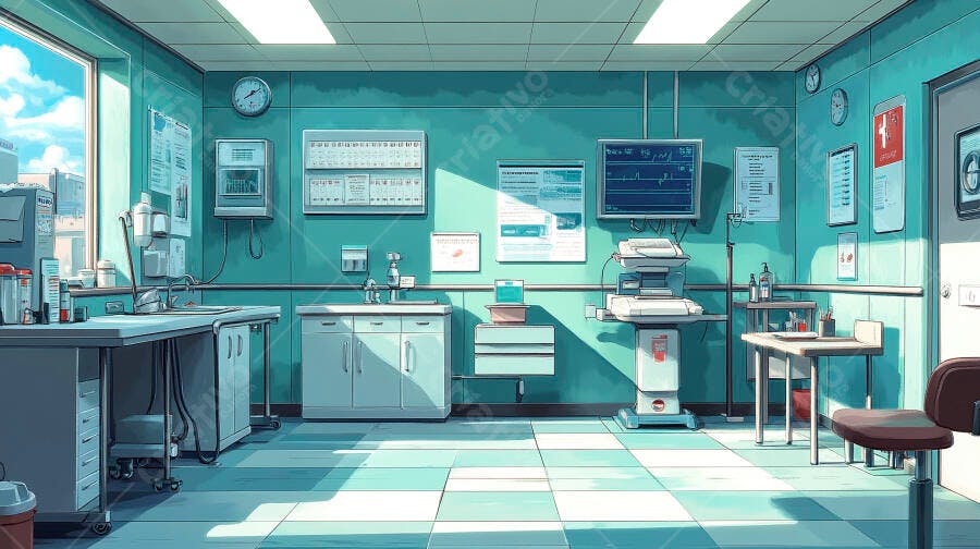 Consultório médico vazio com equipamentos modernos e janela panorâmica